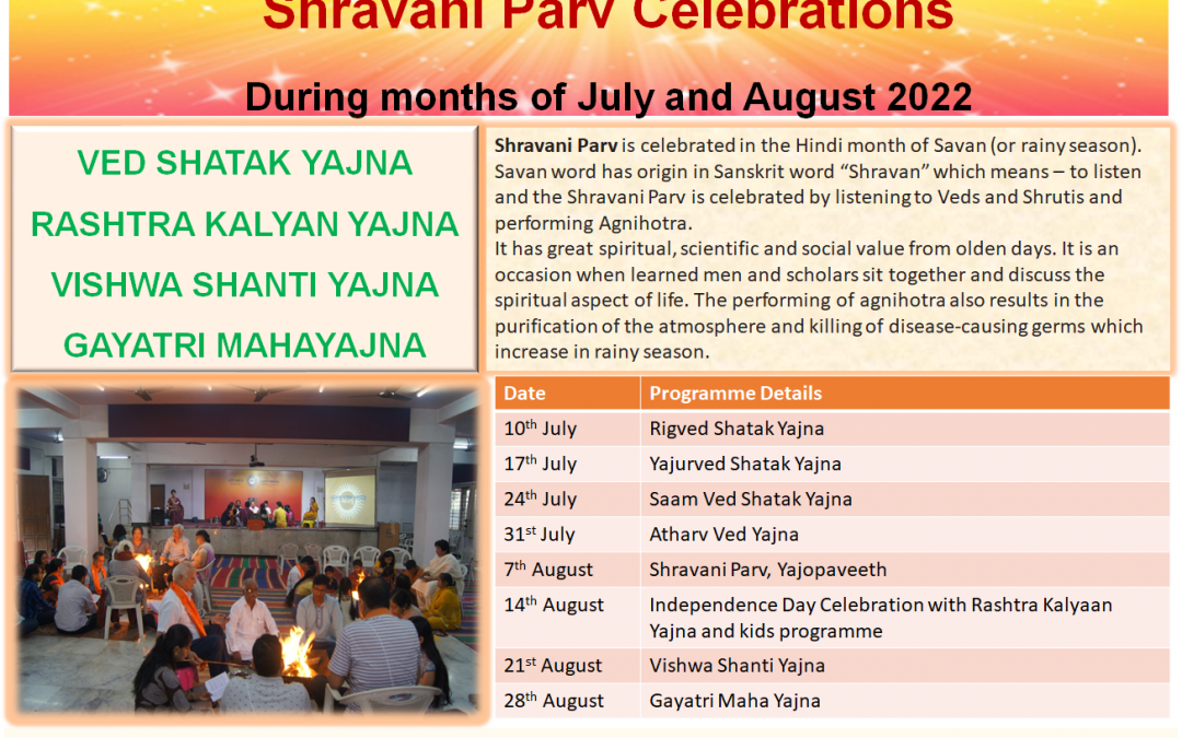 Shravani Parv – Ved Shatak and Gayatri Yajna – July – Aug 2022 , Sundays 10 AM
